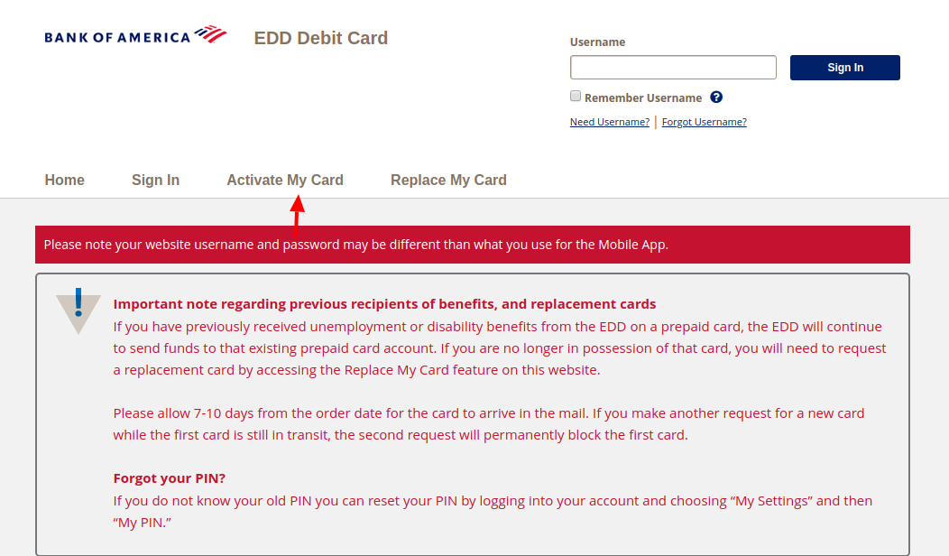 Bank of America EDD Debit Card Activate