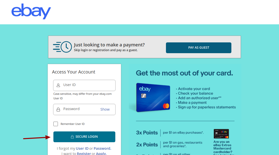 ebay credit card login
