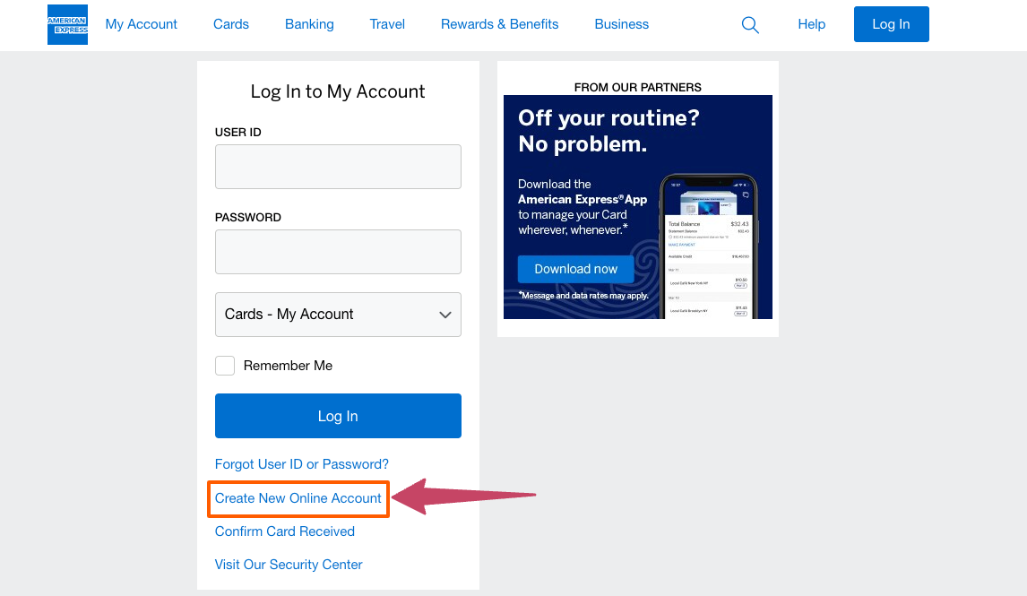 American Express Credit Card Create account page