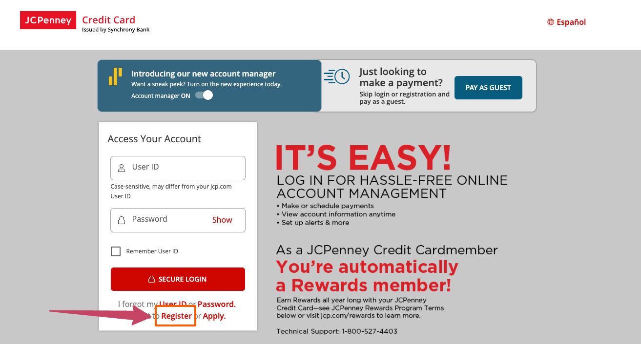 JCPenney Credit Card Register page