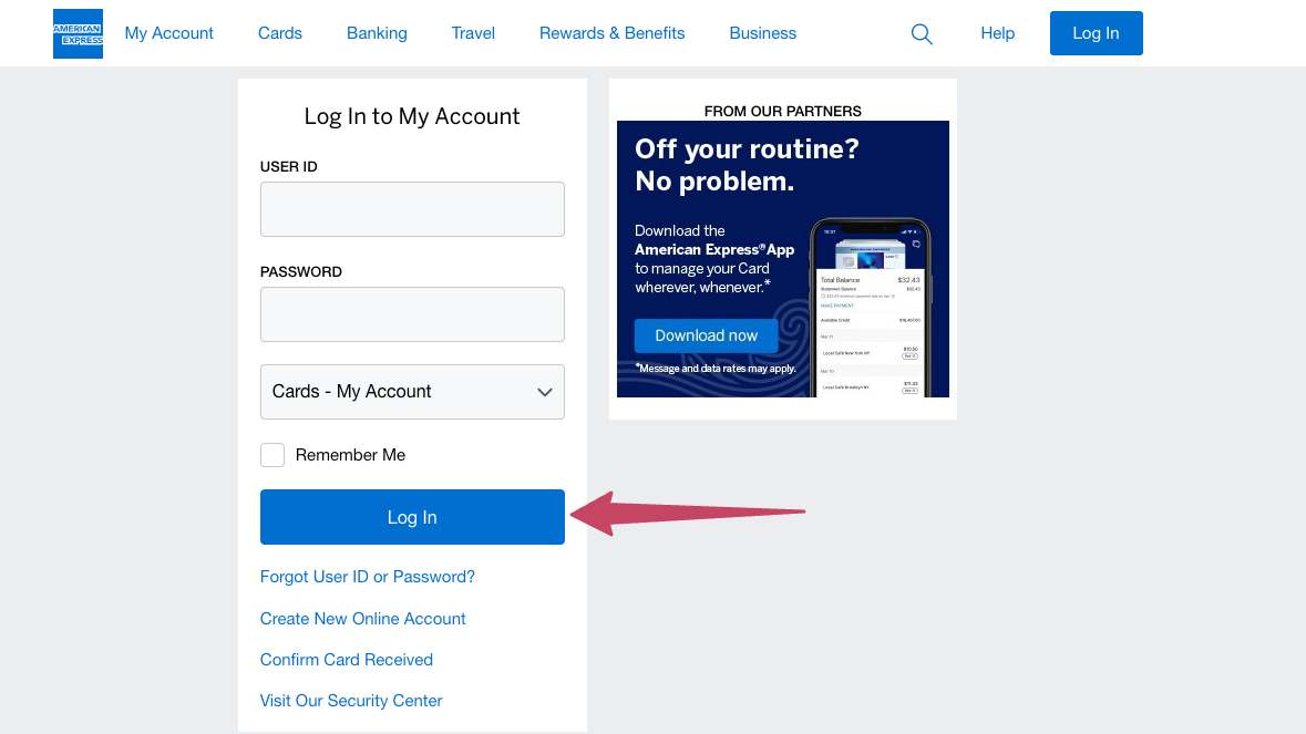 amex credit card login