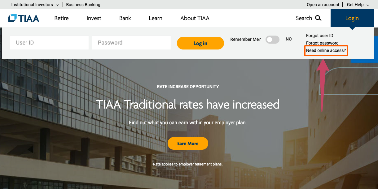 create account for Tiaa Cref page